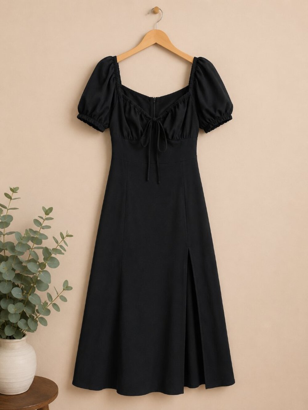 Black Sweetheart Slit Midi Dress | Puff Sleeves | Romantic Fit